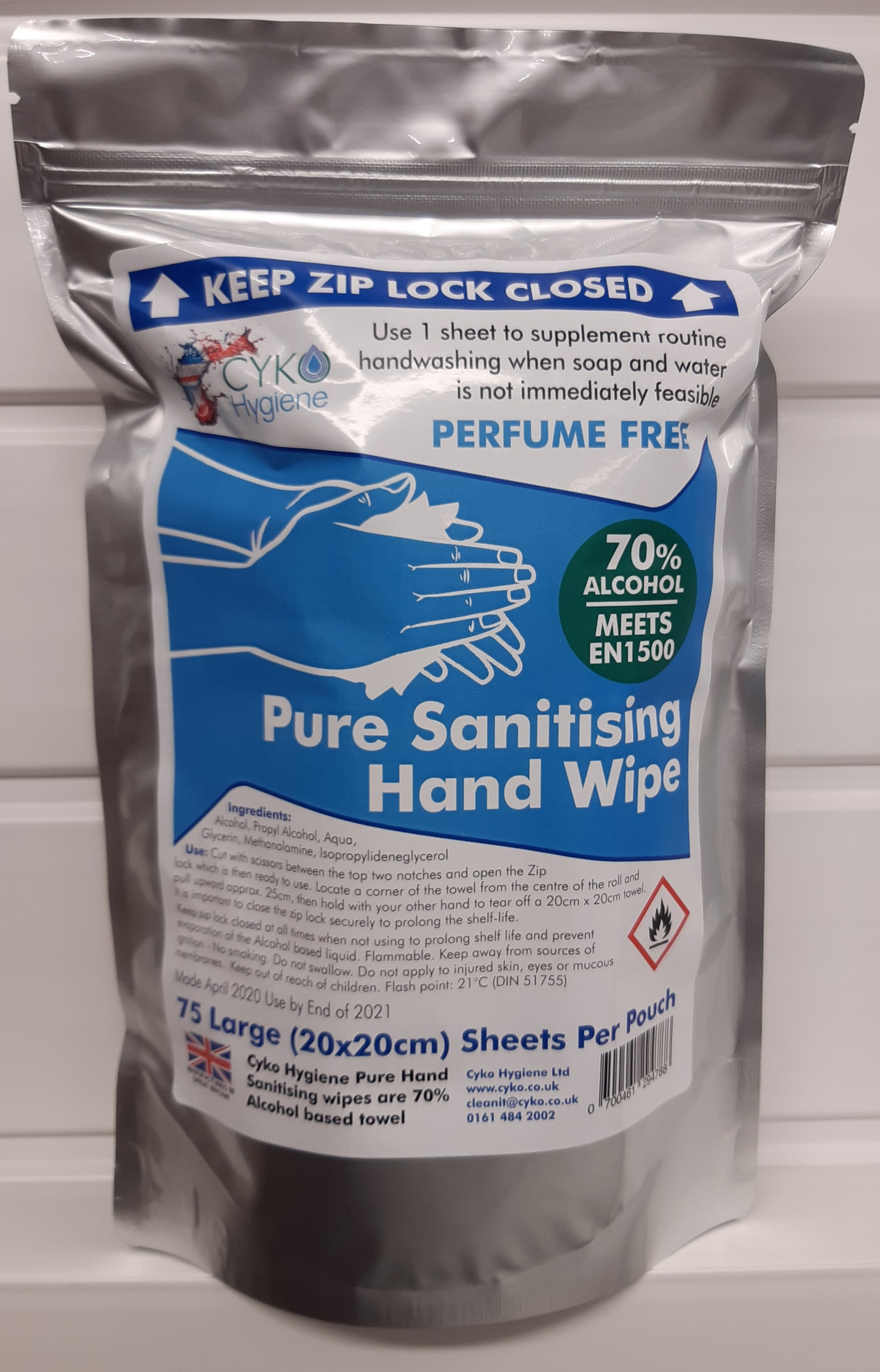 Alcohol hand wipes, made and supplied by CYKO. In a pouch format to help the environment.
